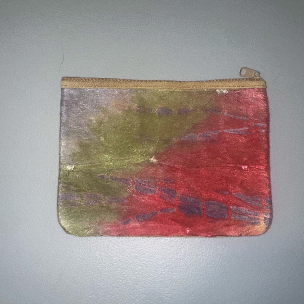 Multicolor dyed fabric and suede clutch bag